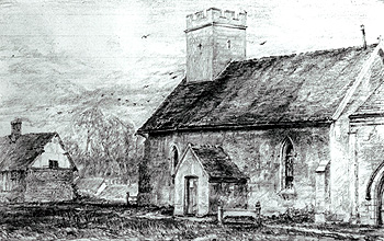 The church and parsonage house by Frederick Gurney before restoration about 1860 [Z50/42/13]
